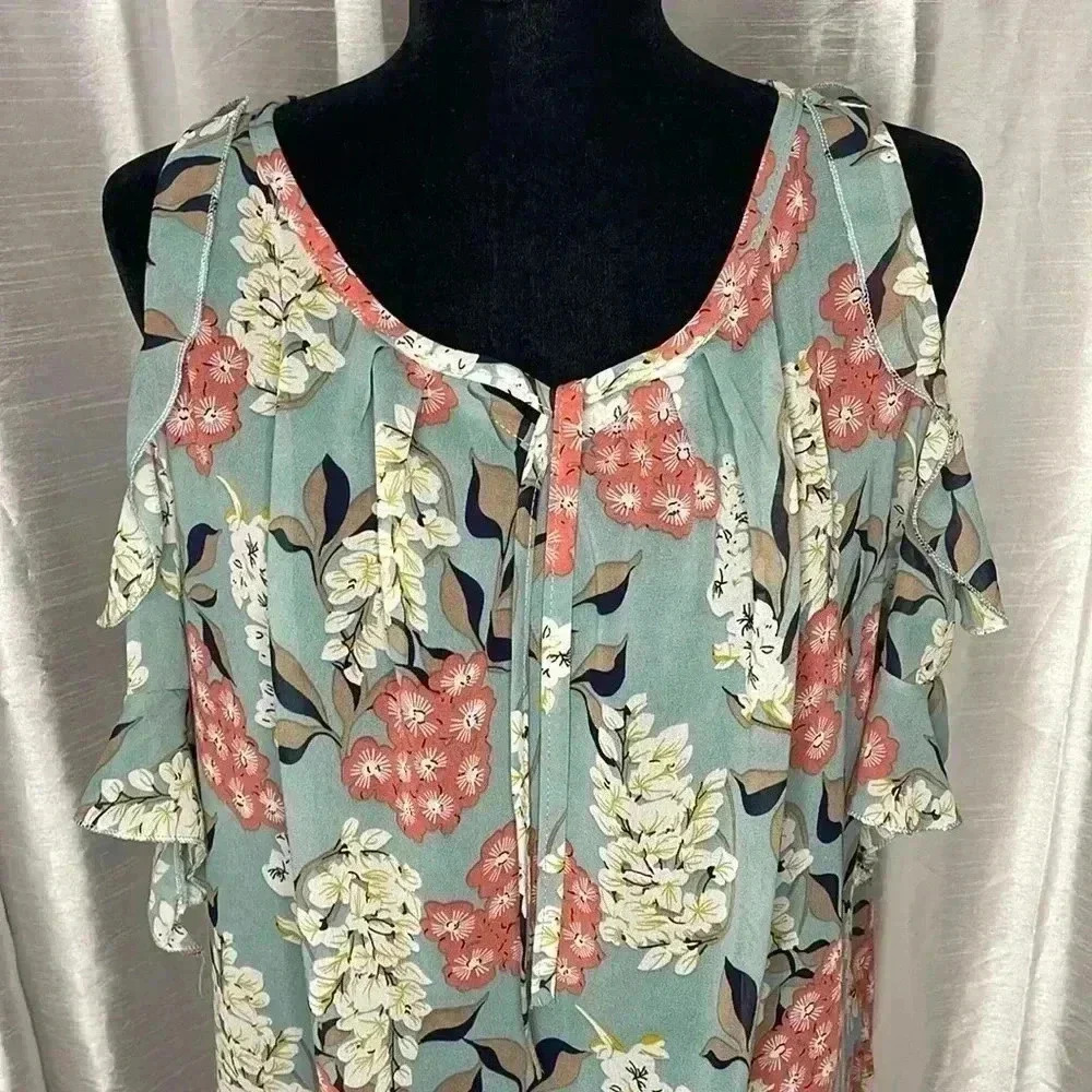 Zelia Size F Floral Open Shoulder Sheer Short Sleeve Ruffled Blouse